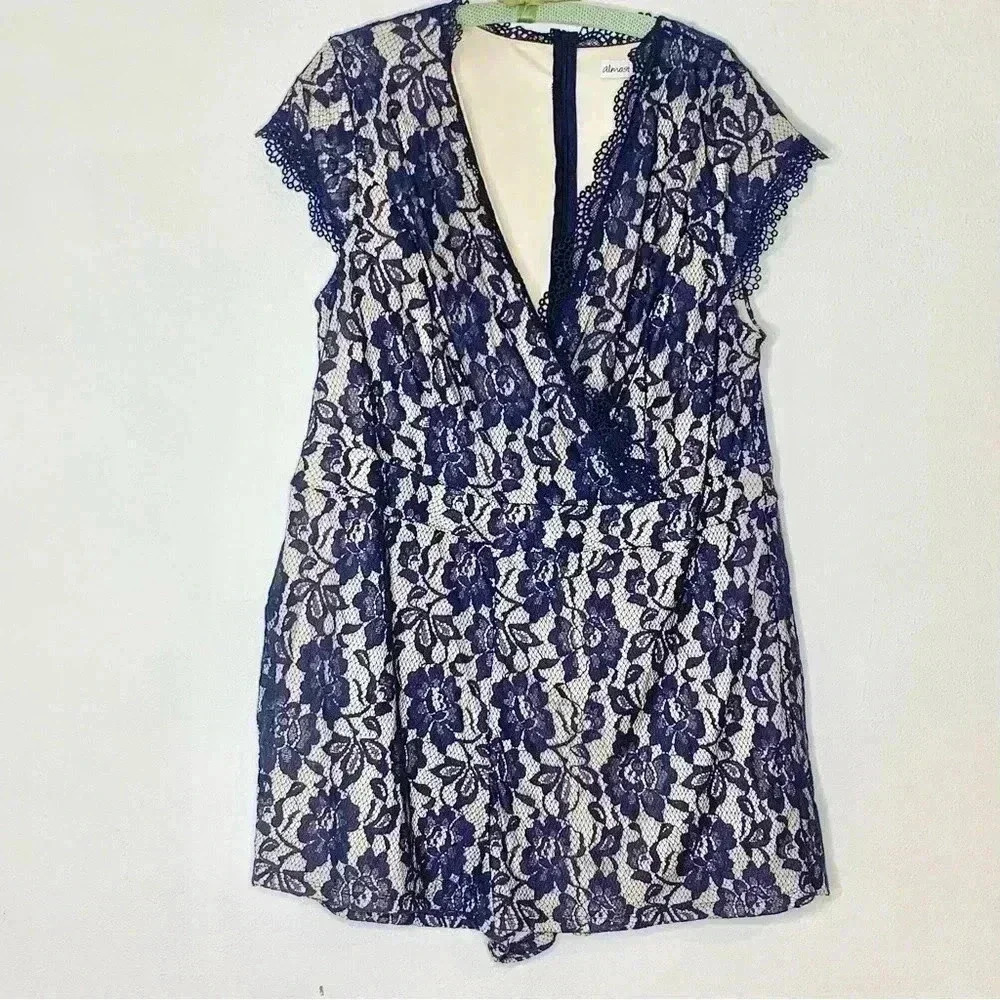 Almost Famous plus size navy blue and nude lace formal romper 3x